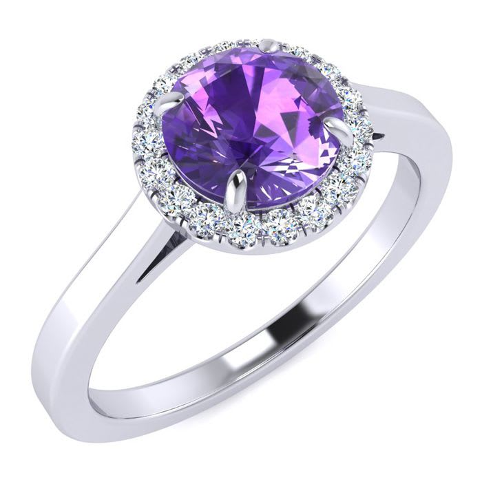 3/4 Carat Round Shape Amethyst and Halo Diamond Ring In 14 Karat White Gold