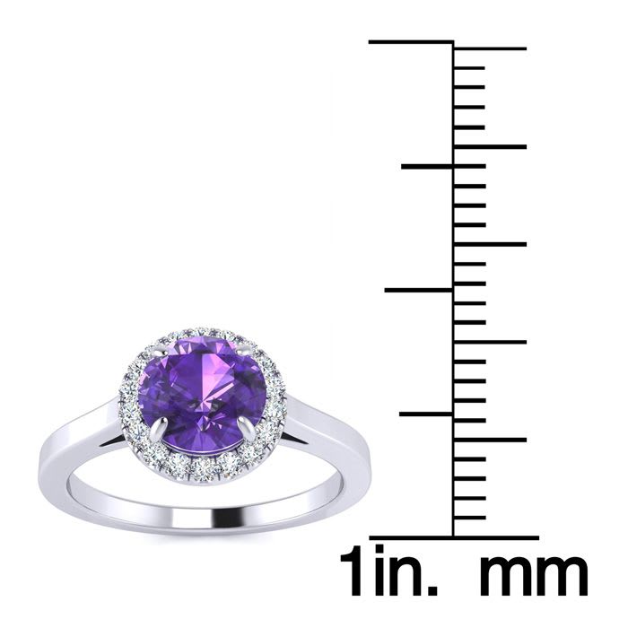 3/4 Carat Round Shape Amethyst and Halo Diamond Ring In 14 Karat White Gold