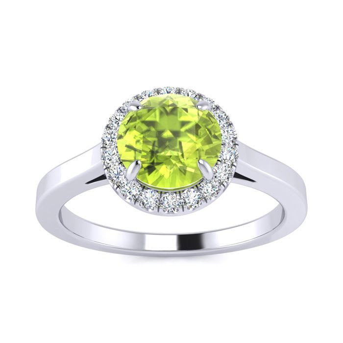 1 Carat Round Shape Peridot and Halo Diamond Ring In 14 Karat White Gold