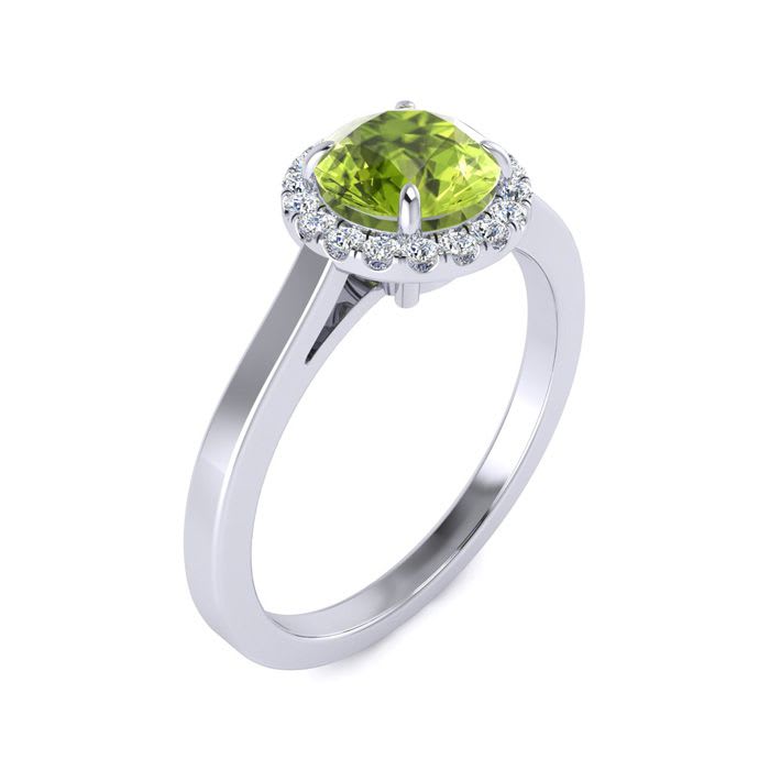 1 Carat Round Shape Peridot and Halo Diamond Ring In 14 Karat White Gold