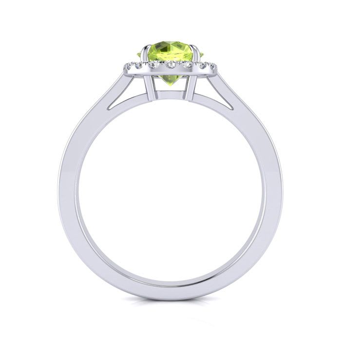 1 Carat Round Shape Peridot and Halo Diamond Ring In 14 Karat White Gold