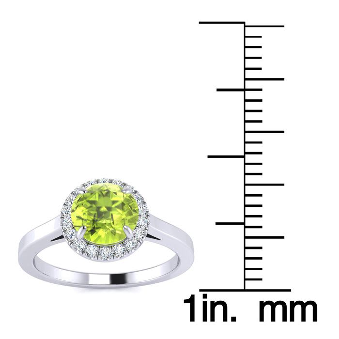 1 Carat Round Shape Peridot and Halo Diamond Ring In 14 Karat White Gold