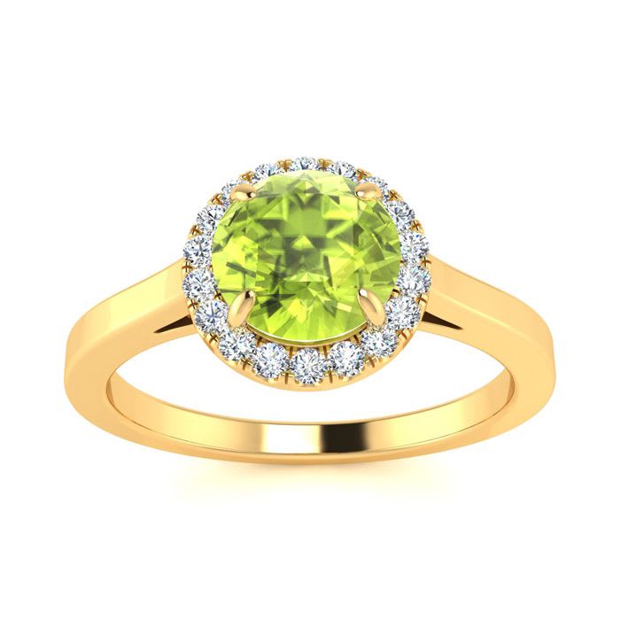 1 Carat Round Shape Peridot and Halo Diamond Ring In 14 Karat Yellow Gold
