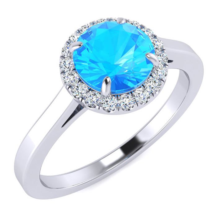 1 Carat Round Shape Blue Topaz and Halo Diamond Ring In 14 Karat White Gold