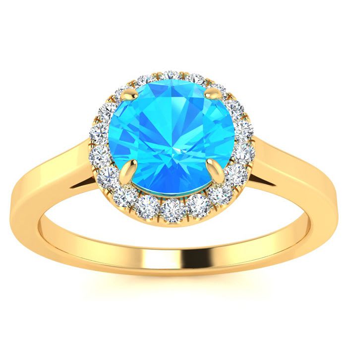 1 Carat Round Shape Blue Topaz and Halo Diamond Ring In 14 Karat Yellow Gold