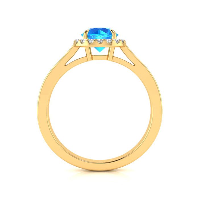 1 Carat Round Shape Blue Topaz and Halo Diamond Ring In 14 Karat Yellow Gold
