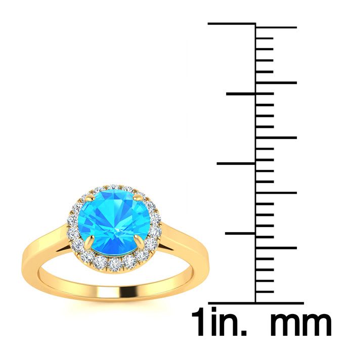 1 Carat Round Shape Blue Topaz and Halo Diamond Ring In 14 Karat Yellow Gold