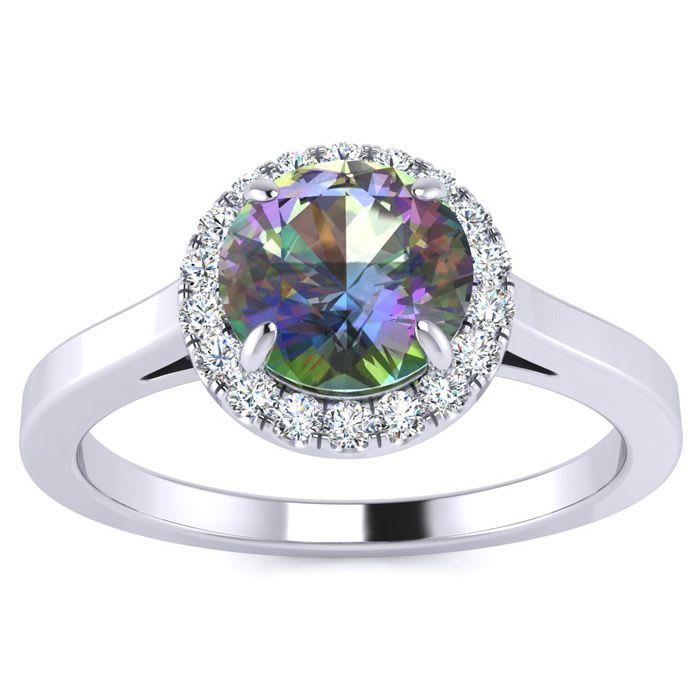 3/4 Carat Round Shape Mystic Topaz Ring Diamond Halo In 14 Karat White Gold