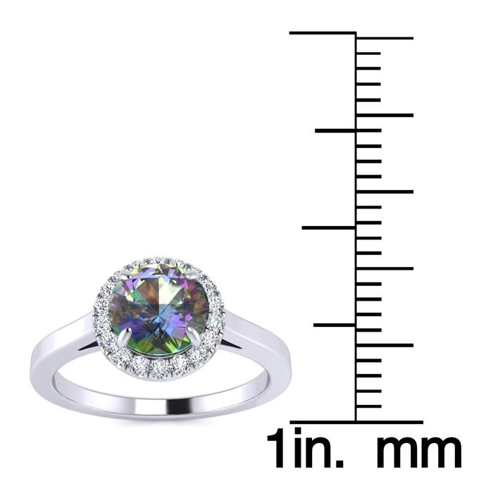 3/4 Carat Round Shape Mystic Topaz Ring Diamond Halo In 14 Karat White Gold