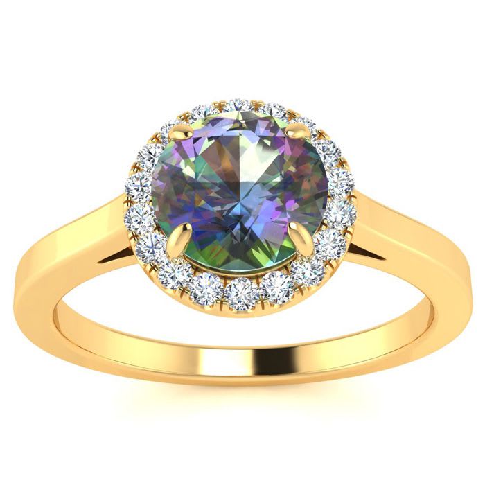 3/4 Carat Round Shape Mystic Topaz Ring Diamond Halo In 14 Karat Yellow Gold