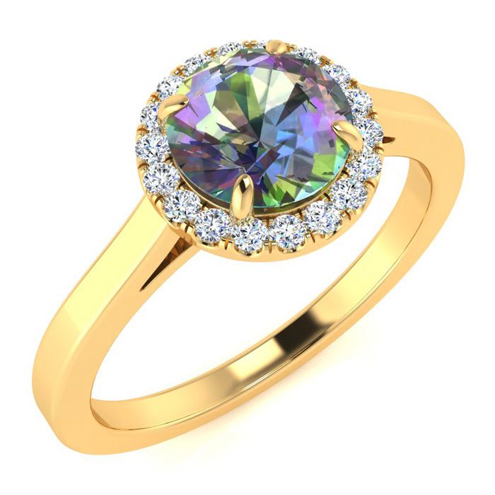 3/4 Carat Round Shape Mystic Topaz Ring Diamond Halo In 14 Karat Yellow Gold