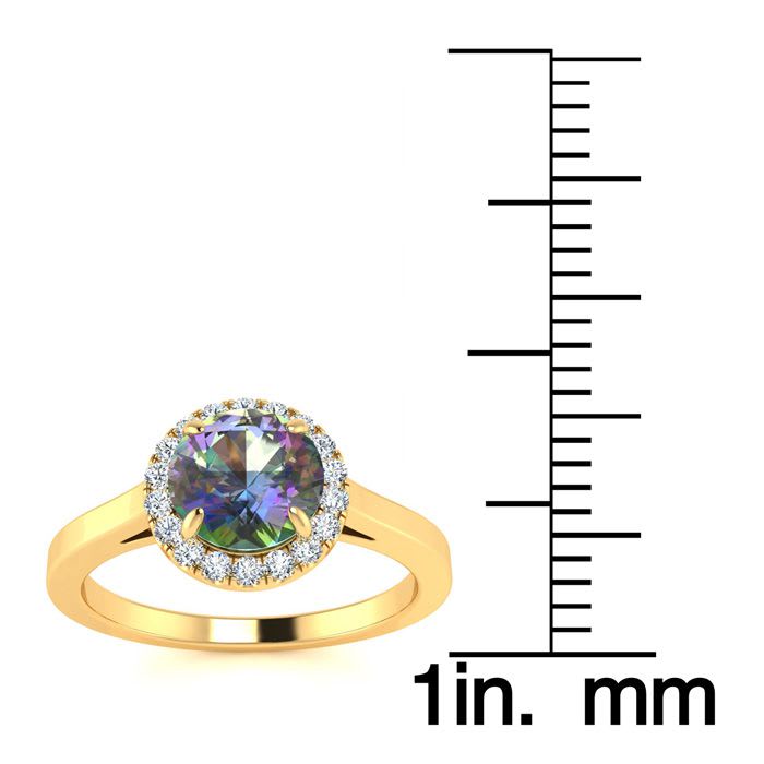 3/4 Carat Round Shape Mystic Topaz Ring Diamond Halo In 14 Karat Yellow Gold
