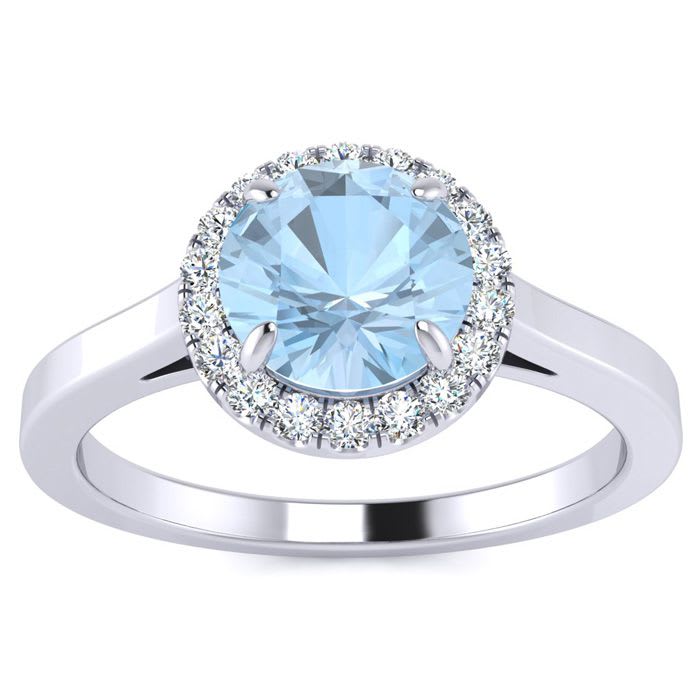 Aquamarine Ring: Aquamarine Jewelry: 1 Carat Round Shape Aquamarine and Halo Diamond Ring In 14 Karat White Gold