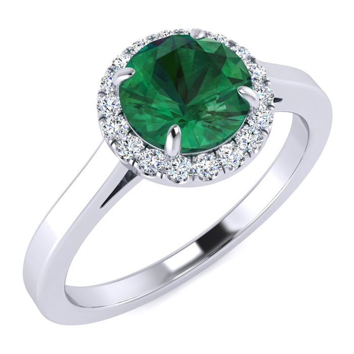 1 Carat Round Shape Emerald and Halo Diamond Ring In 14 Karat White Gold