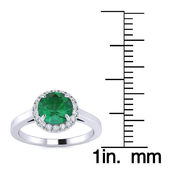 1 Carat Round Shape Emerald and Halo Diamond Ring In 14 Karat White Gold