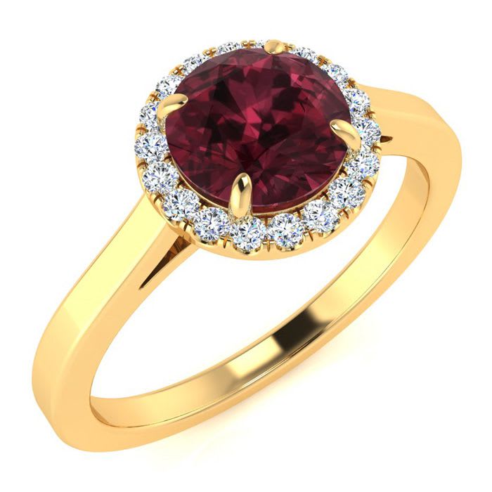 Garnet Ring: Garnet Jewelry: 1 1/4 Carat Round Shape Garnet and Halo Diamond Ring In 14 Karat Yellow Gold