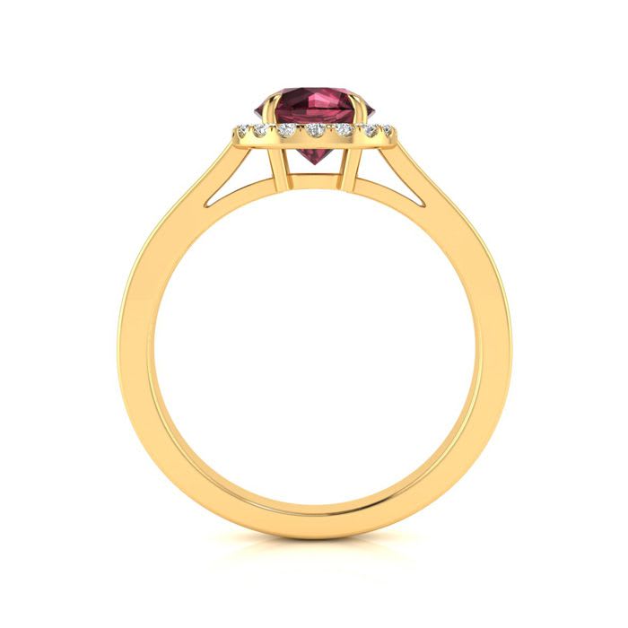 Garnet Ring: Garnet Jewelry: 1 1/4 Carat Round Shape Garnet and Halo Diamond Ring In 14 Karat Yellow Gold