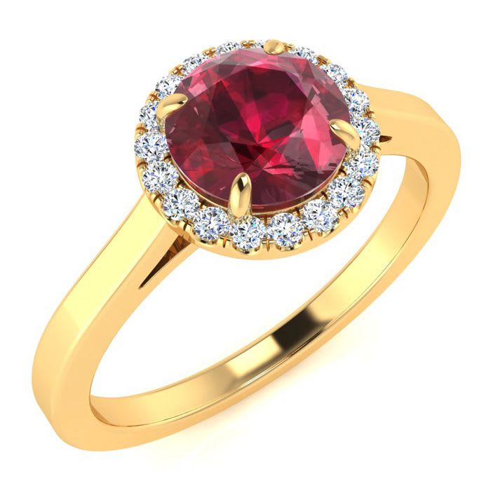 1 Carat Round Shape Ruby and Halo Diamond Ring In 14 Karat Yellow Gold