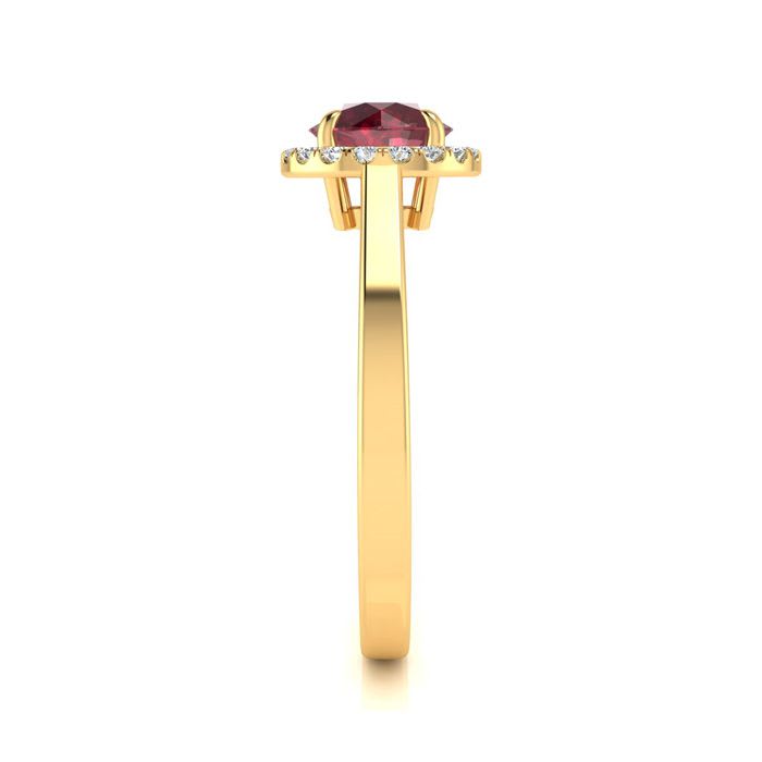 1 Carat Round Shape Ruby and Halo Diamond Ring In 14 Karat Yellow Gold