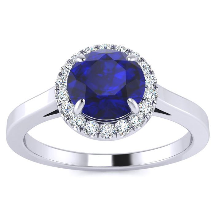 1 Carat Round Shape Sapphire and Halo Diamond Ring In 14 Karat White Gold