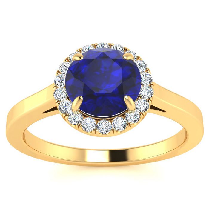 1 Carat Round Shape Sapphire and Halo Diamond Ring In 14 Karat Yellow Gold