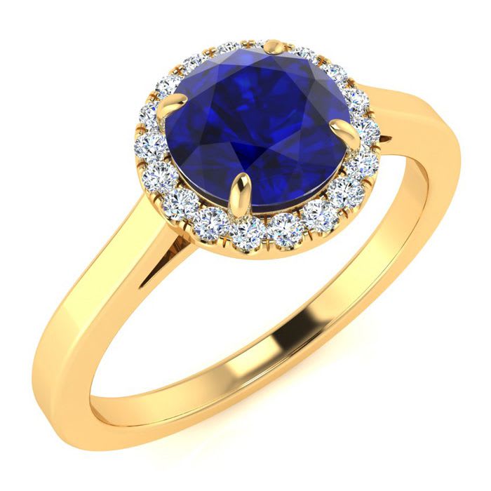 1 Carat Round Shape Sapphire and Halo Diamond Ring In 14 Karat Yellow Gold
