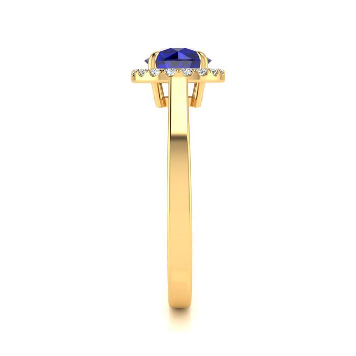 1 Carat Round Shape Sapphire and Halo Diamond Ring In 14 Karat Yellow Gold