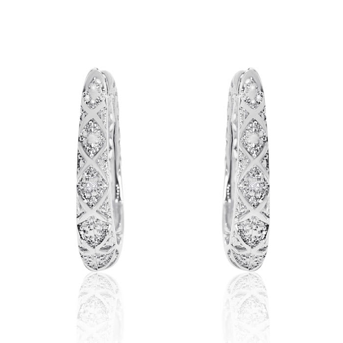 Delicately Embellished Diamond Hoop Earrings, Silver Overlay, 3/4 Inch