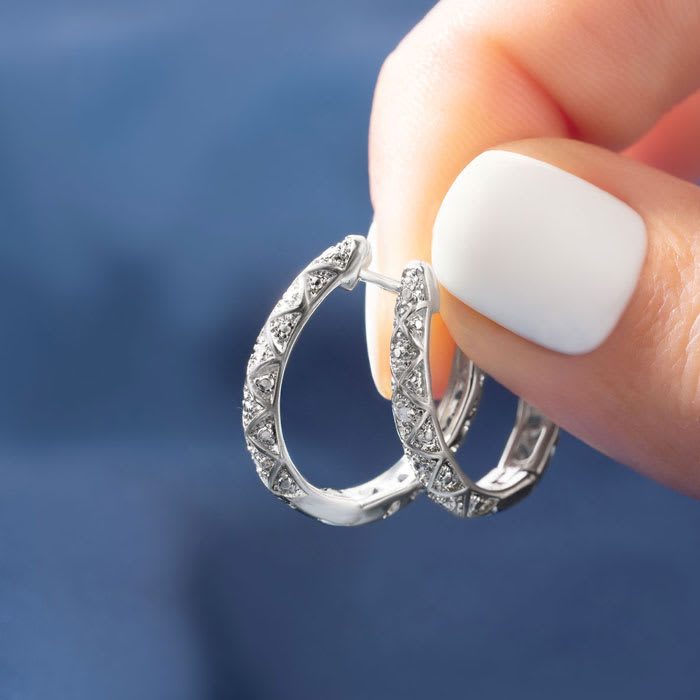 Delicately Embellished Diamond Hoop Earrings, Silver Overlay, 3/4 Inch