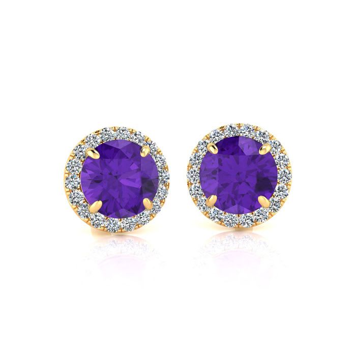 1 Carat Round Shape Amethyst and Halo Diamond Earrings In 14 Karat Yellow Gold