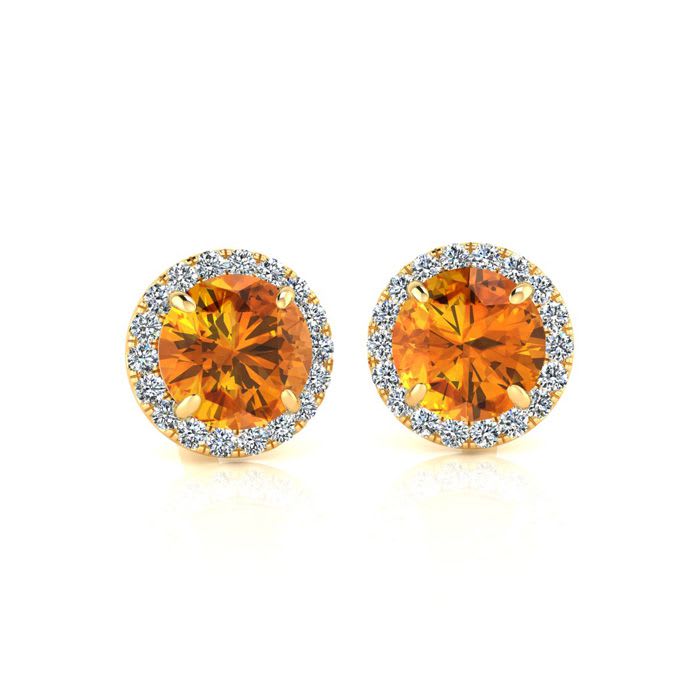 1 Carat Round Shape Citrine and Halo Diamond Earrings In 14 Karat Yellow Gold
