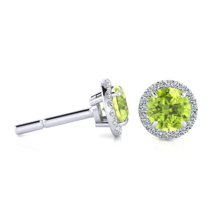 1 1/4 Carat Round Shape Peridot and Halo Diamond Earrings In 14 Karat White Gold