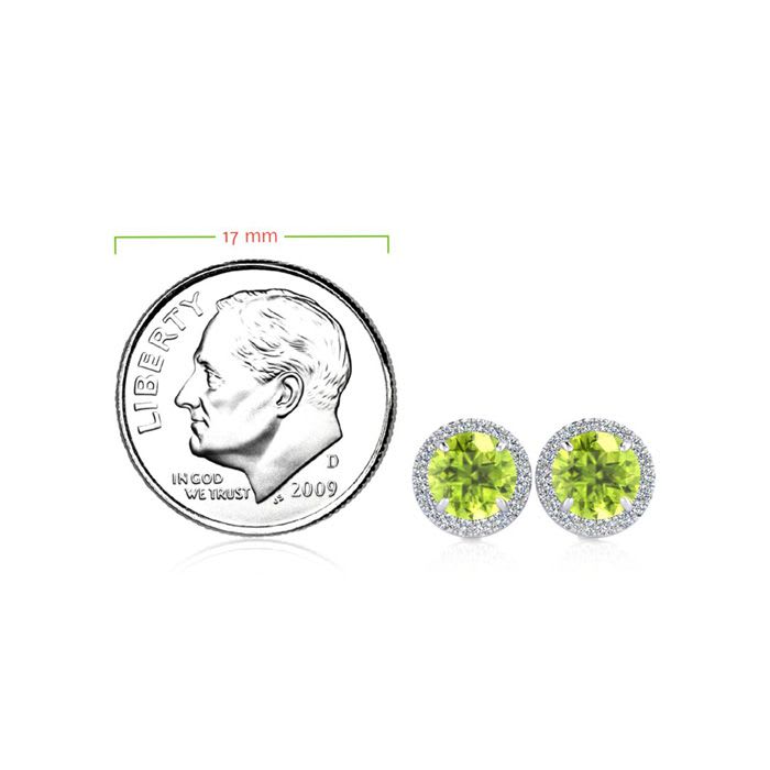 1 1/4 Carat Round Shape Peridot and Halo Diamond Earrings In 14 Karat White Gold