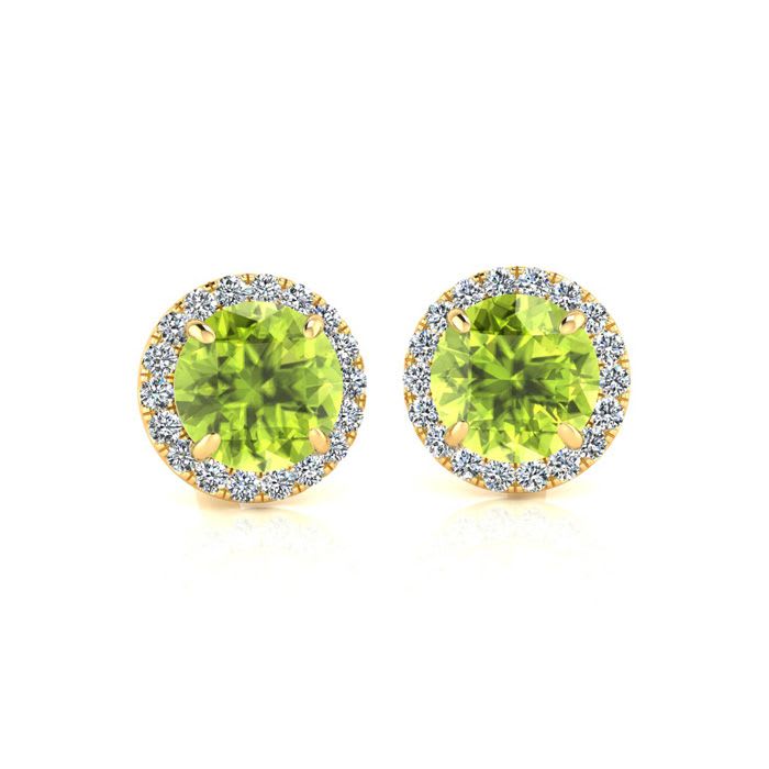 1 1/4 Carat Round Shape Peridot and Halo Diamond Earrings In 14 Karat Yellow Gold