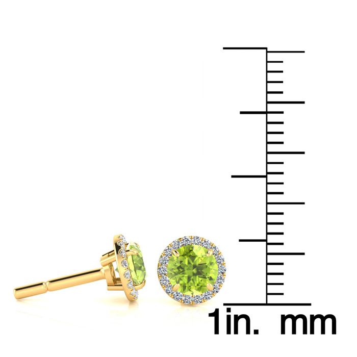 1 1/4 Carat Round Shape Peridot and Halo Diamond Earrings In 14 Karat Yellow Gold