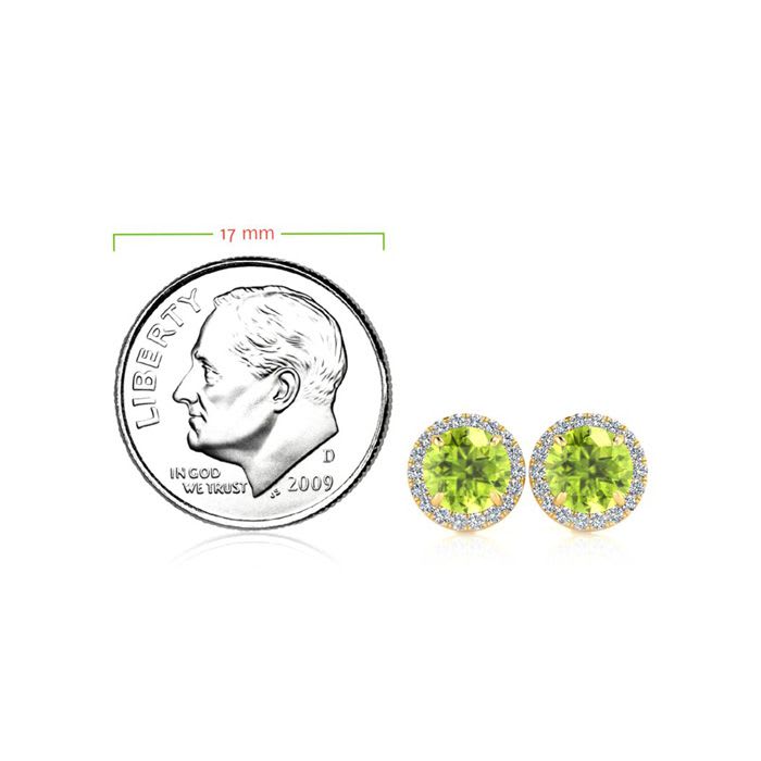 1 1/4 Carat Round Shape Peridot and Halo Diamond Earrings In 14 Karat Yellow Gold