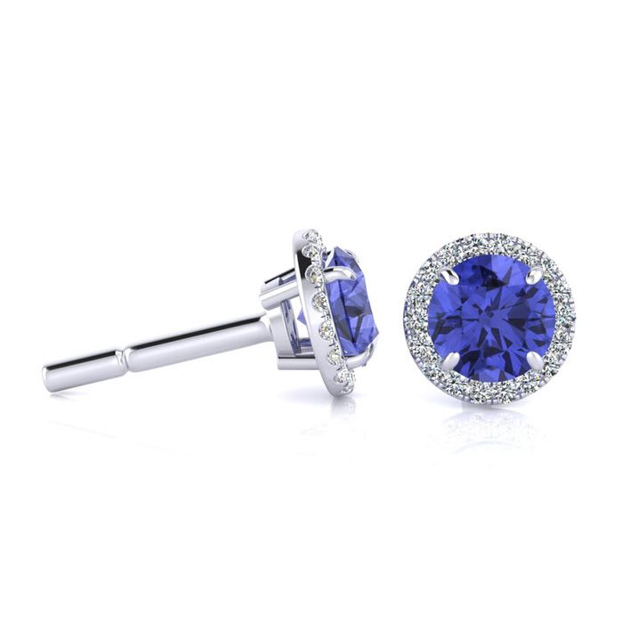 1 1/4 Carat Round Shape Tanzanite and Halo Diamond Earrings In 14 Karat White Gold