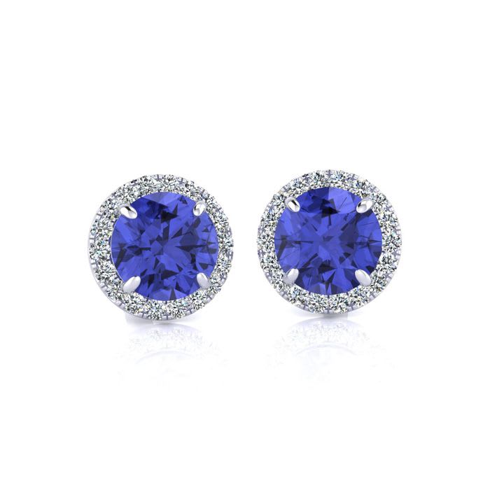 1 1/4 Carat Round Shape Tanzanite and Halo Diamond Earrings In 14 Karat White Gold
