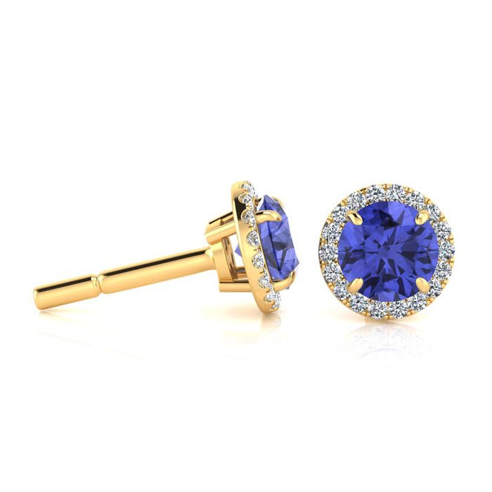 1 1/4 Carat Round Shape Tanzanite and Halo Diamond Earrings In 14 Karat Yellow Gold