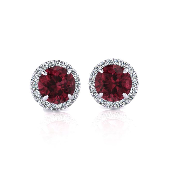 Garnet Earrings: Garnet Jewelry: 1 1/3 Carat Round Shape Garnet and Halo Diamond Earrings In 14 Karat White Gold