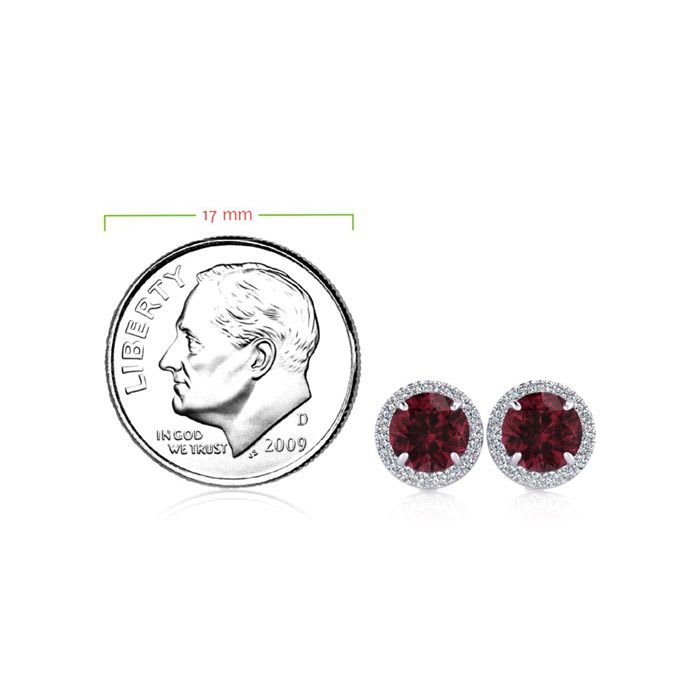 Garnet Earrings: Garnet Jewelry: 1 1/3 Carat Round Shape Garnet and Halo Diamond Earrings In 14 Karat White Gold