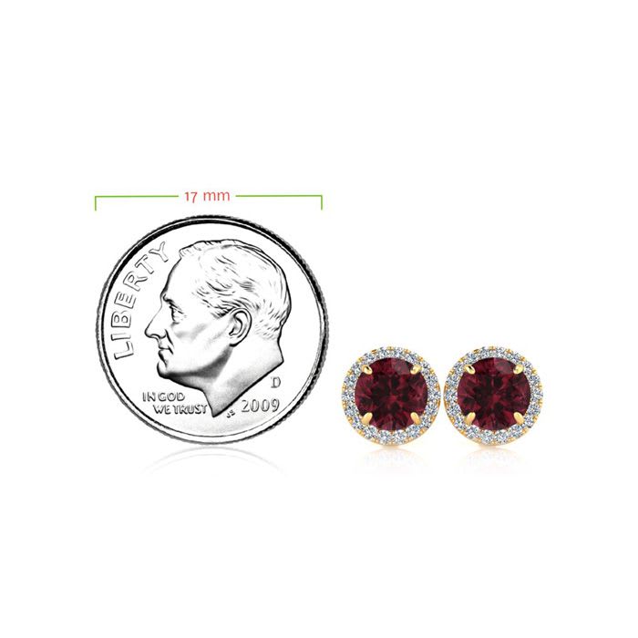 Garnet Earrings: Garnet Jewelry: 1 1/3 Carat Round Shape Garnet and Halo Diamond Earrings In 14 Karat Yellow Gold