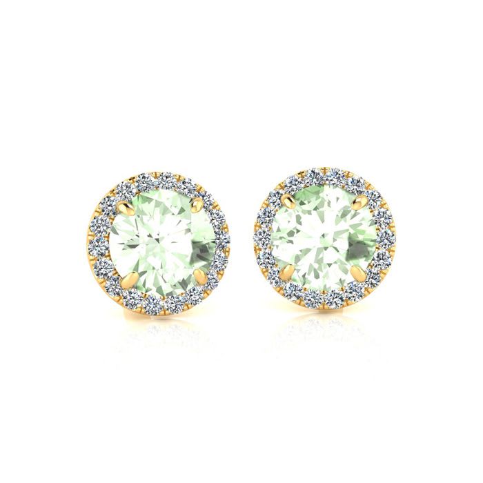 1 Carat Round Shape Green Amethyst and Halo Diamond Earrings In 14 Karat Yellow Gold