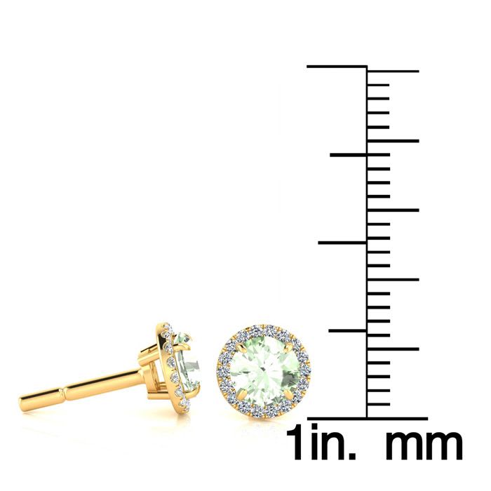 1 Carat Round Shape Green Amethyst and Halo Diamond Earrings In 14 Karat Yellow Gold