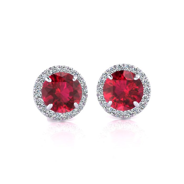 1 1/3 Carat Round Shape Ruby and Halo Diamond Earrings In 14 Karat White Gold