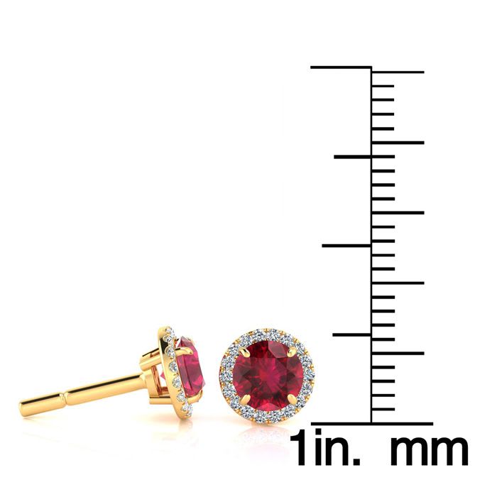 1 1/3 Carat Round Shape Ruby and Halo Diamond Earrings In 14 Karat Yellow Gold