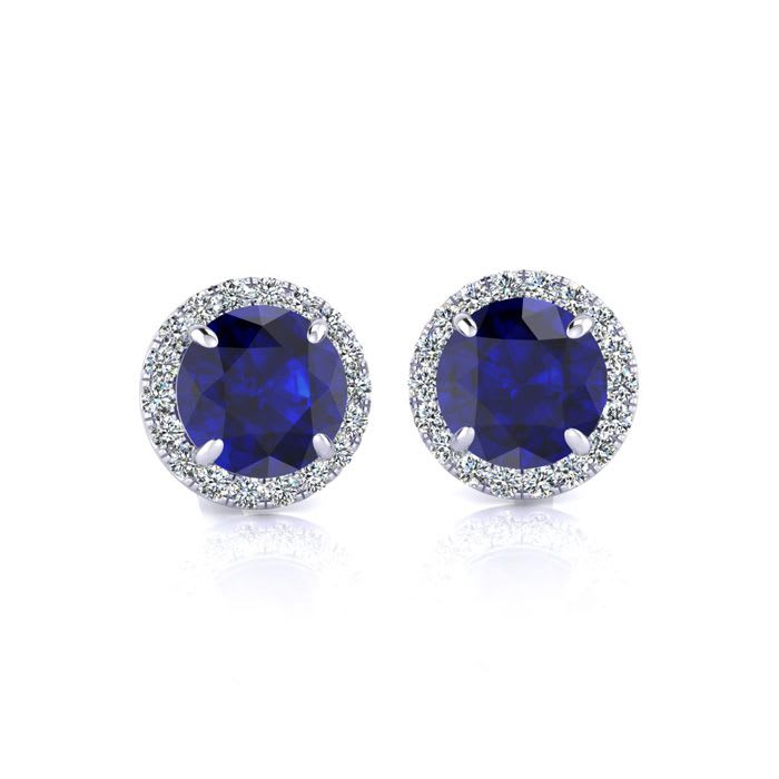 1 1/3 Carat Round Shape Sapphire and Halo Diamond Earrings In 14 Karat White Gold