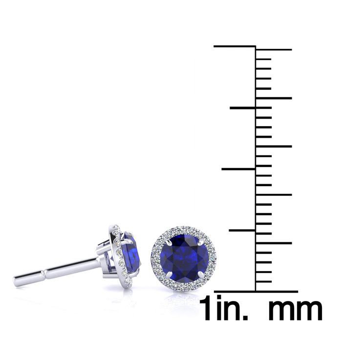 1 1/3 Carat Round Shape Sapphire and Halo Diamond Earrings In 14 Karat White Gold