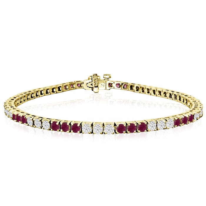 Ruby Bracelet; Ruby Tennis Bracelet; 5 Carat Ruby and Diamond Bracelet In 14 Karat Yellow Gold