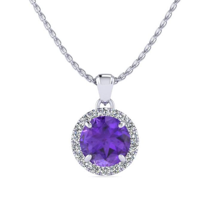 3/4 Carat Round Shape Amethyst and Halo Diamond Necklace In 14 Karat White Gold